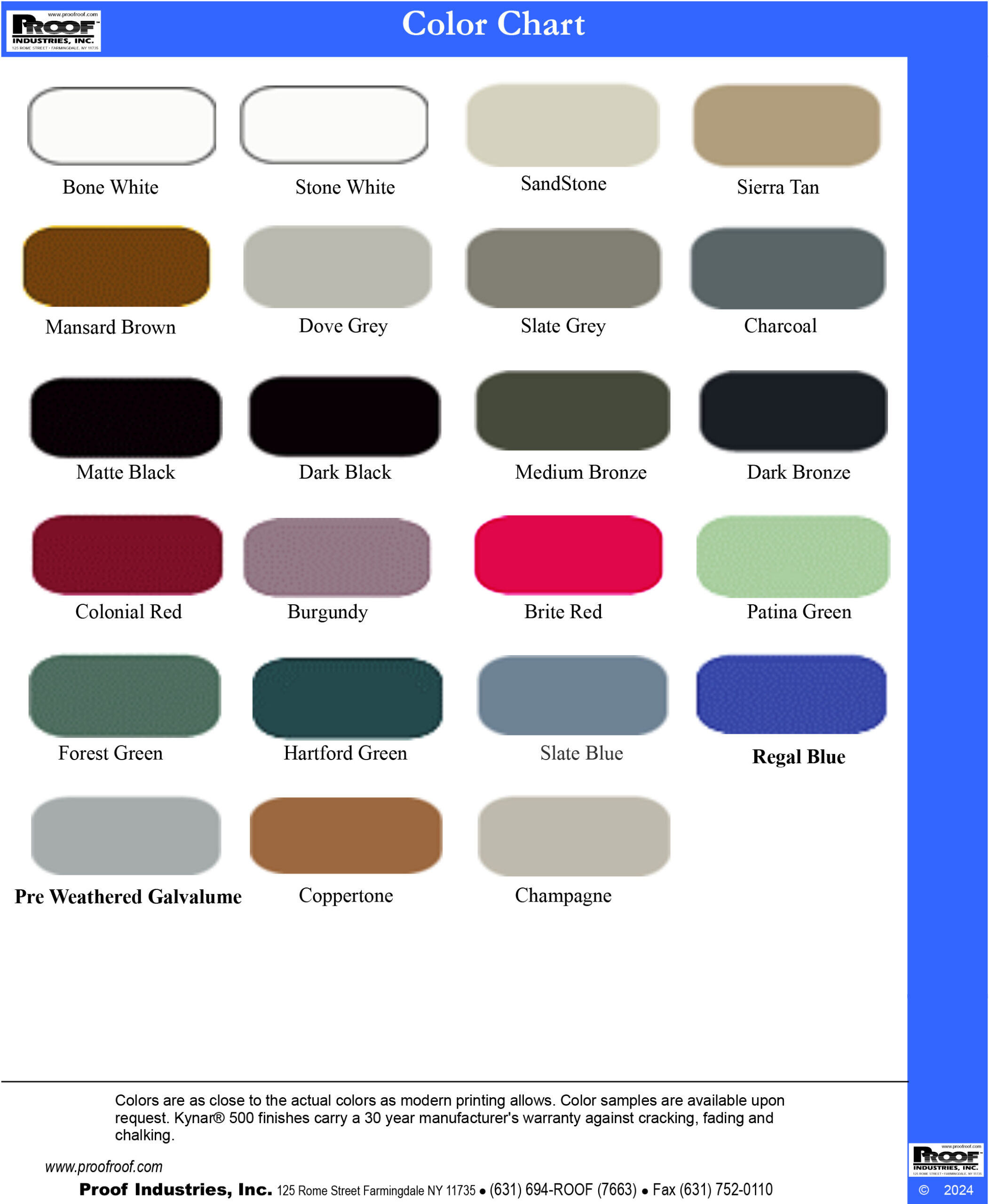 Proof Roof Color chart containing all of the available finishes.